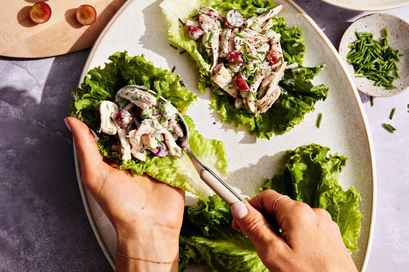 Rotisserie chicken meets grapes and pecans in a crisp romaine wrap